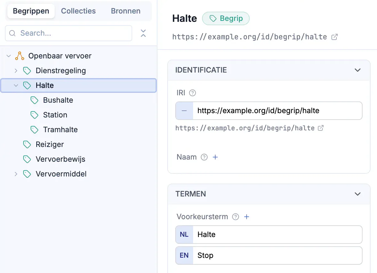 Het formulier van het begrip Halte in ModelDesk, met de voorkeursterm in het Nederlands en het Engels