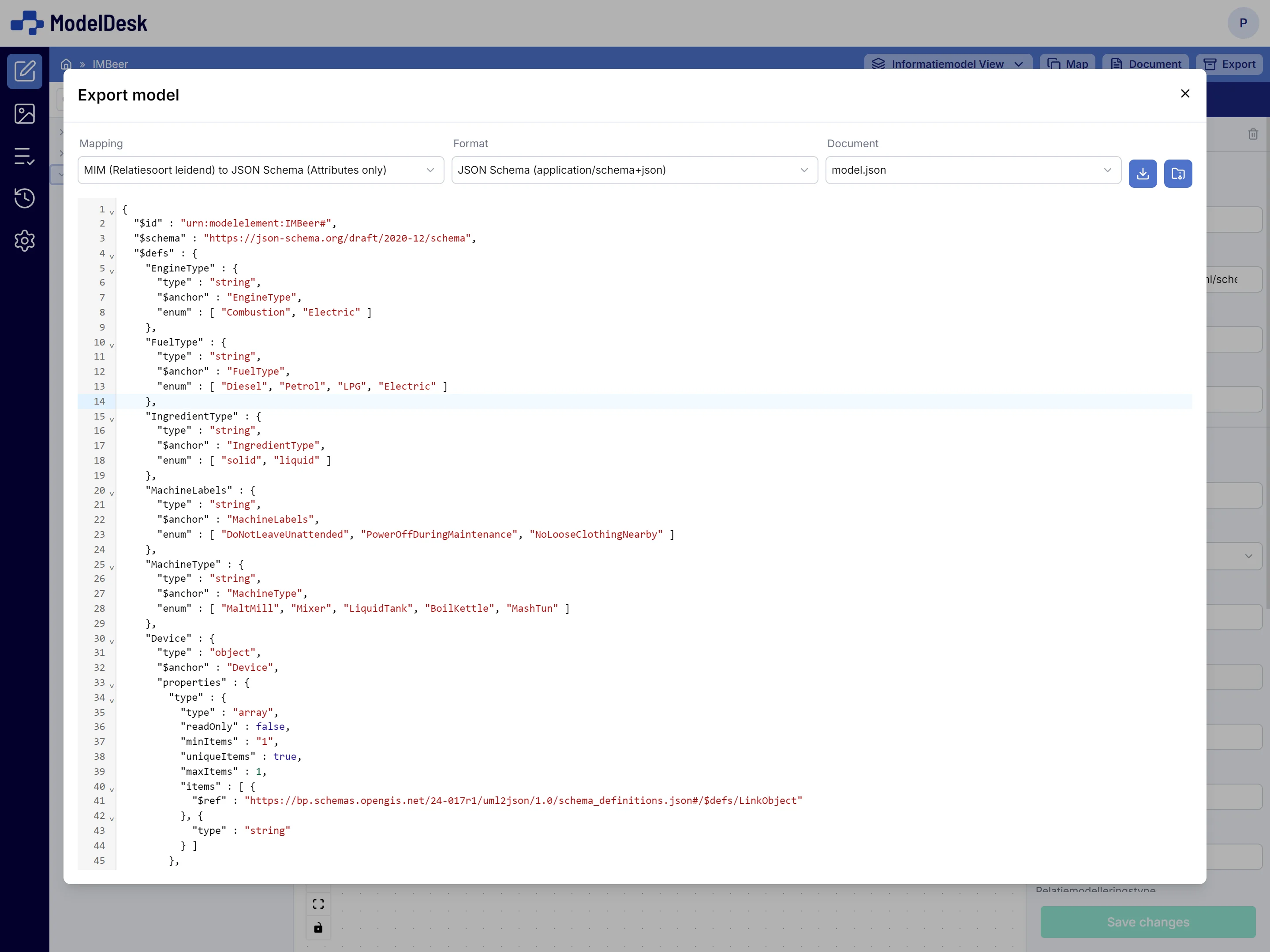 Screenshot of ModelDesk export options showing XMI, RDF, XSD, and JSON Schema format choices