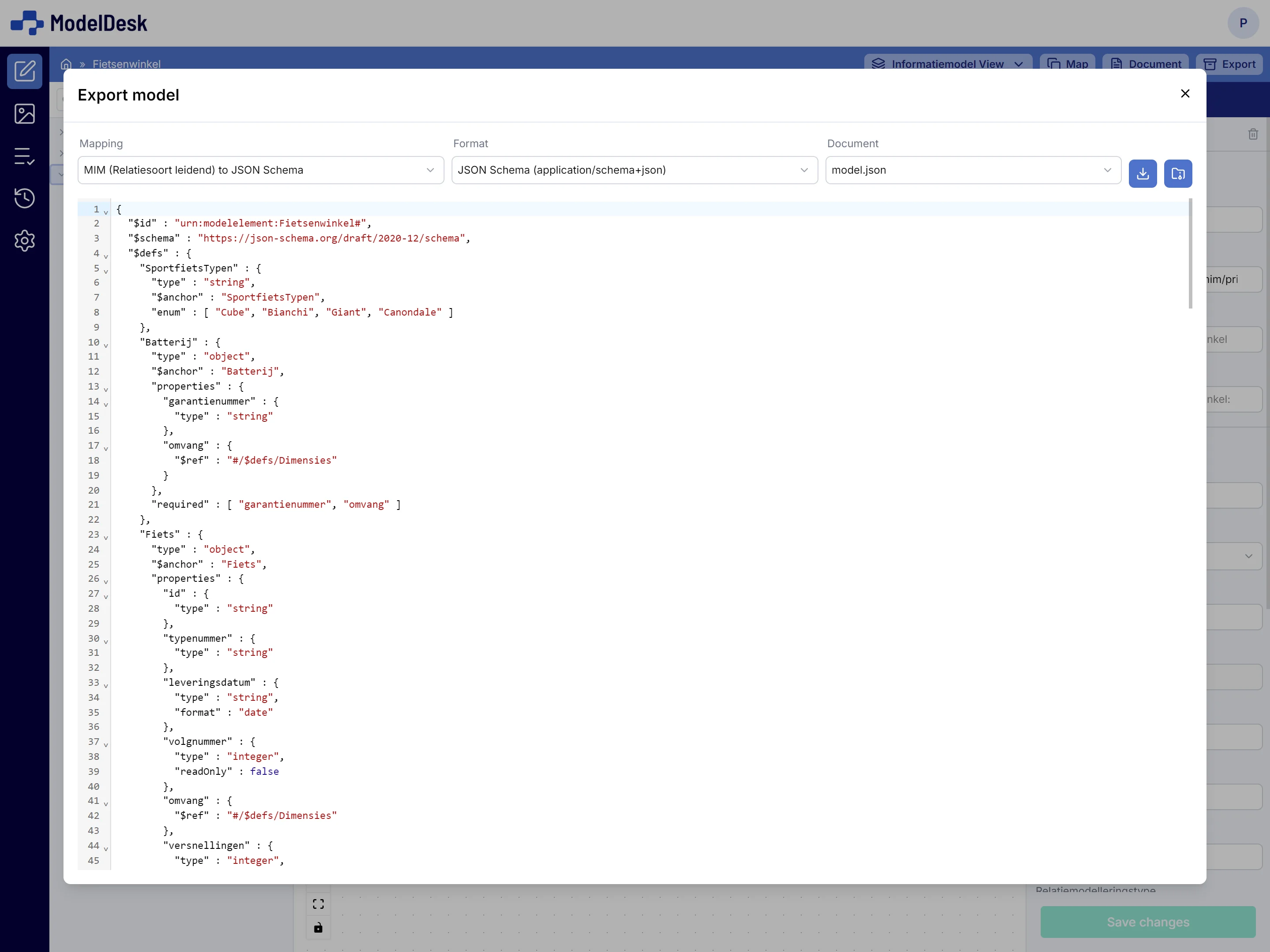 Screenshot van ModelDesk exportopties met XMI, RDF, XSD en JSON Schema formaatkeuzes