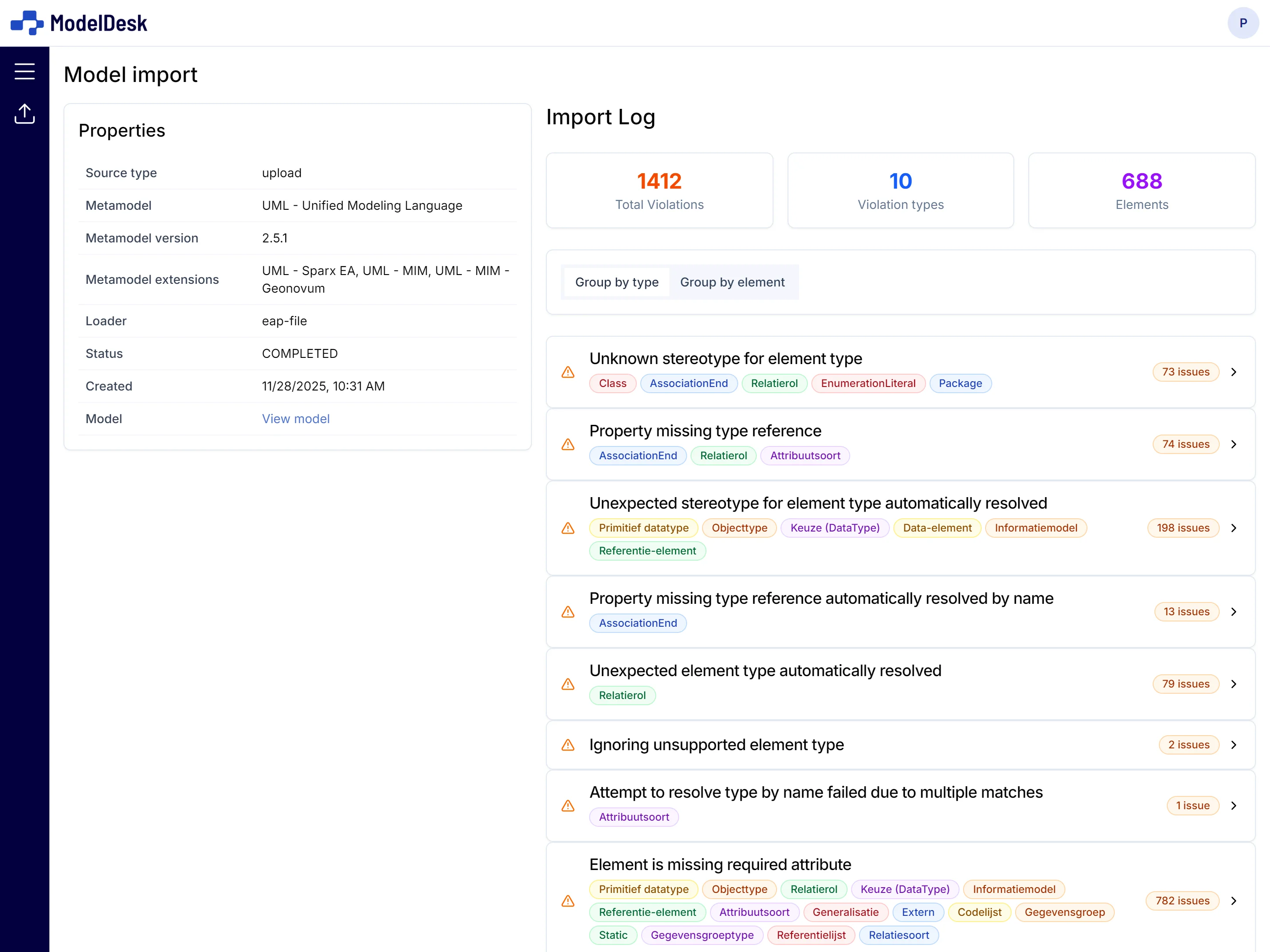 Screenshot of the ModelDesk model import dialog with file upload and preview