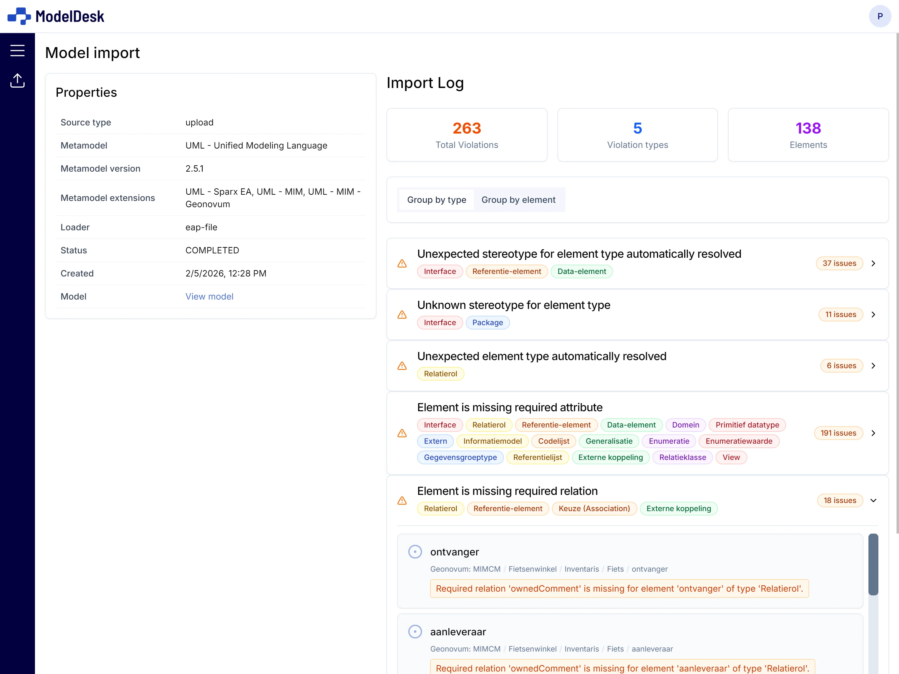 Screenshot van het ModelDesk importdialoog met bestandsupload en voorvertoning