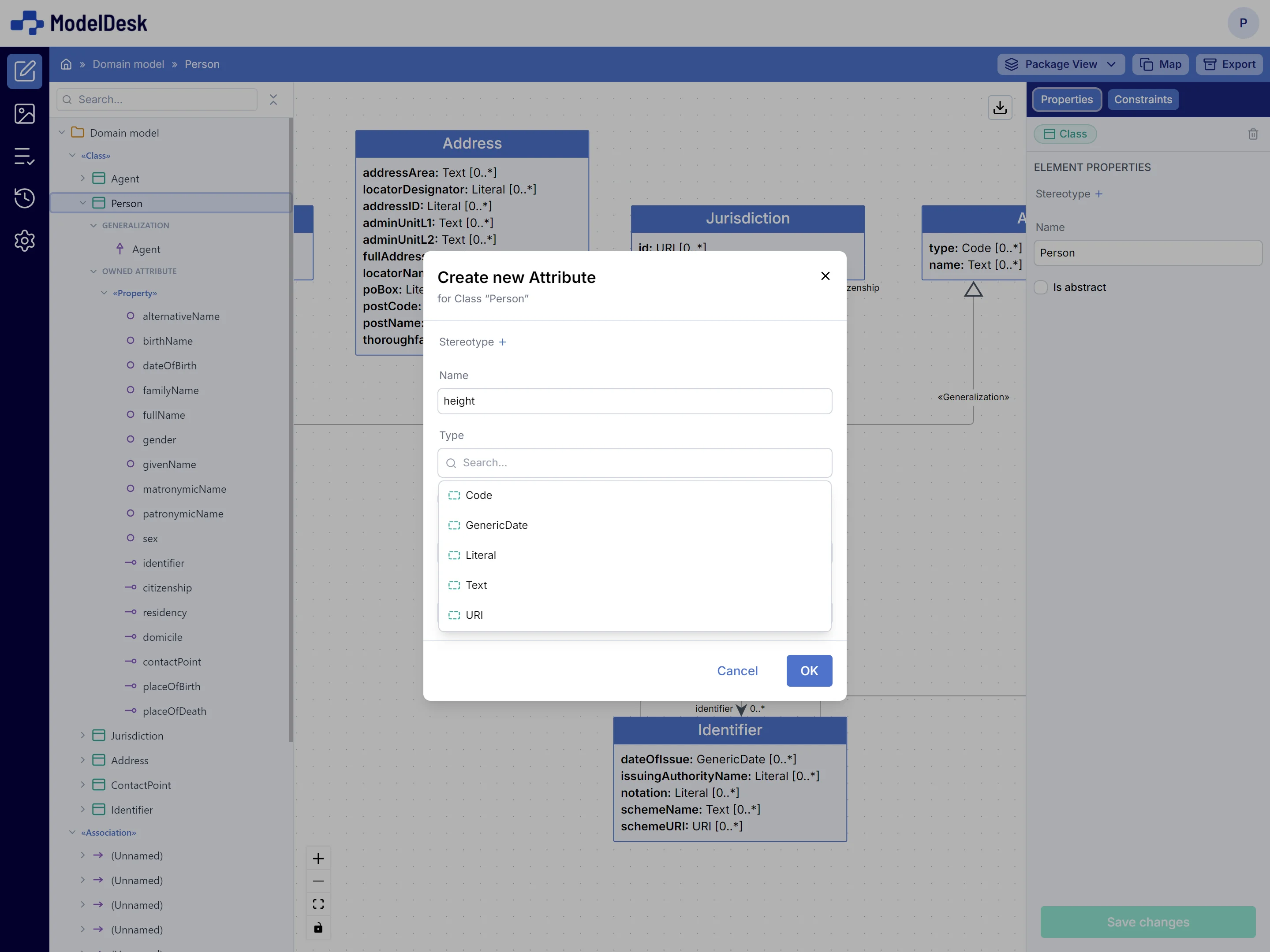 Screenshot of the ModelDesk form-based model editor showing element properties and relations in a tree structure