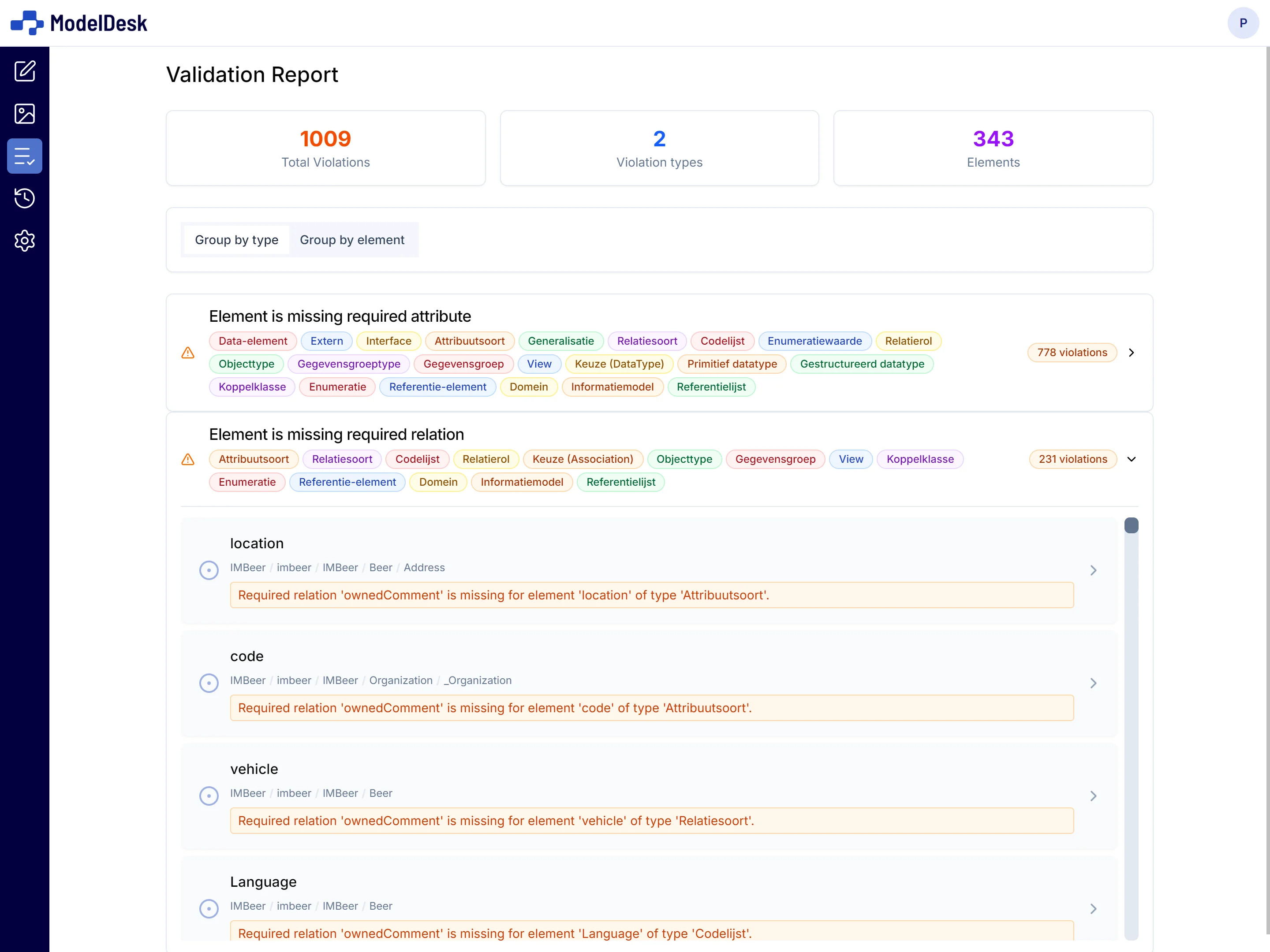 Screenshot of ModelDesk validation results showing errors and warnings per model element