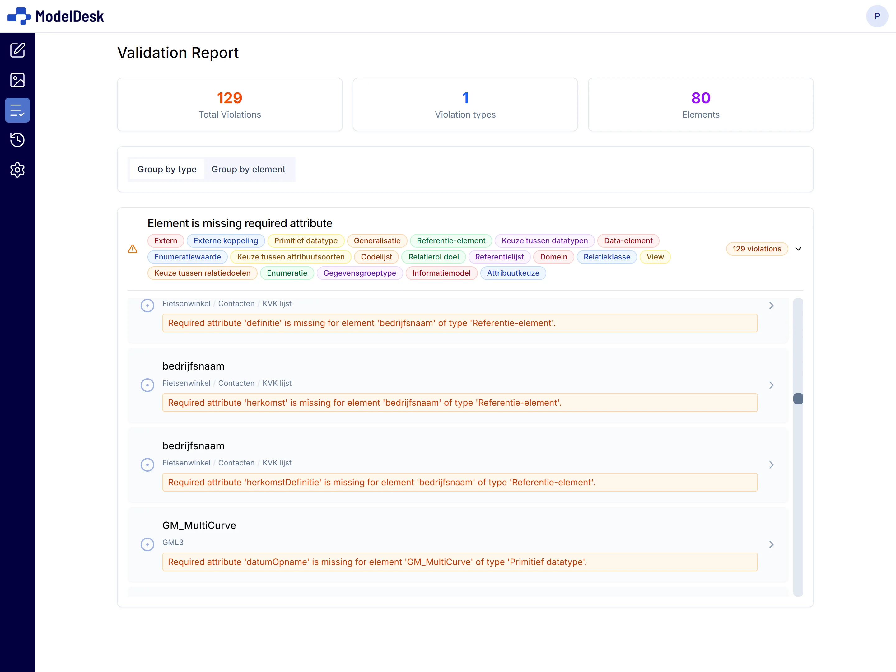 Screenshot van ModelDesk validatieresultaten met fouten en waarschuwingen per modelelement