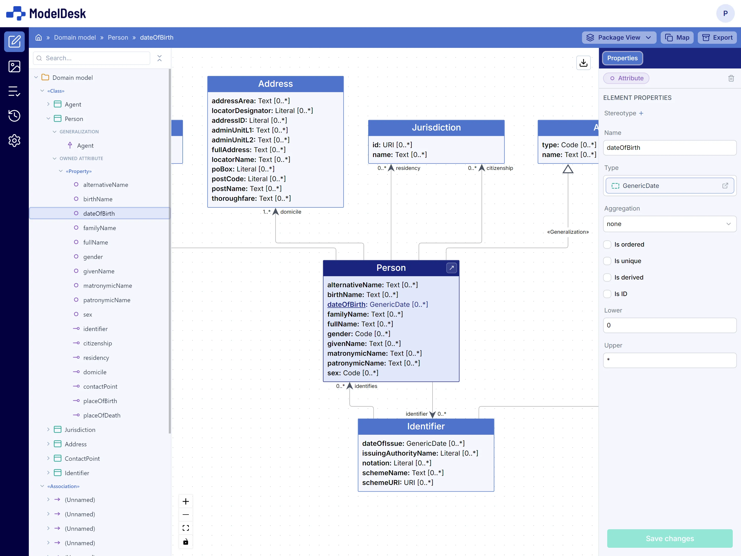 Screenshot of an auto-generated UML class diagram in ModelDesk showing classes, attributes, and relations